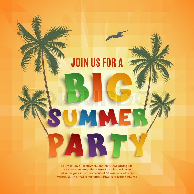 Big Summer Party Poster Template On Orange Background With Palms And Seagull Vector Illustration Big Summer Party Poster Template On Orange Background With Palms And Seagull Vector Illustration