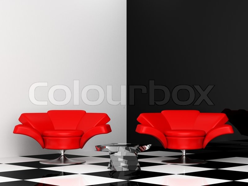 Schwarz -Weiß- Interieur mit zwei roten | Stock Bild | Colourbox