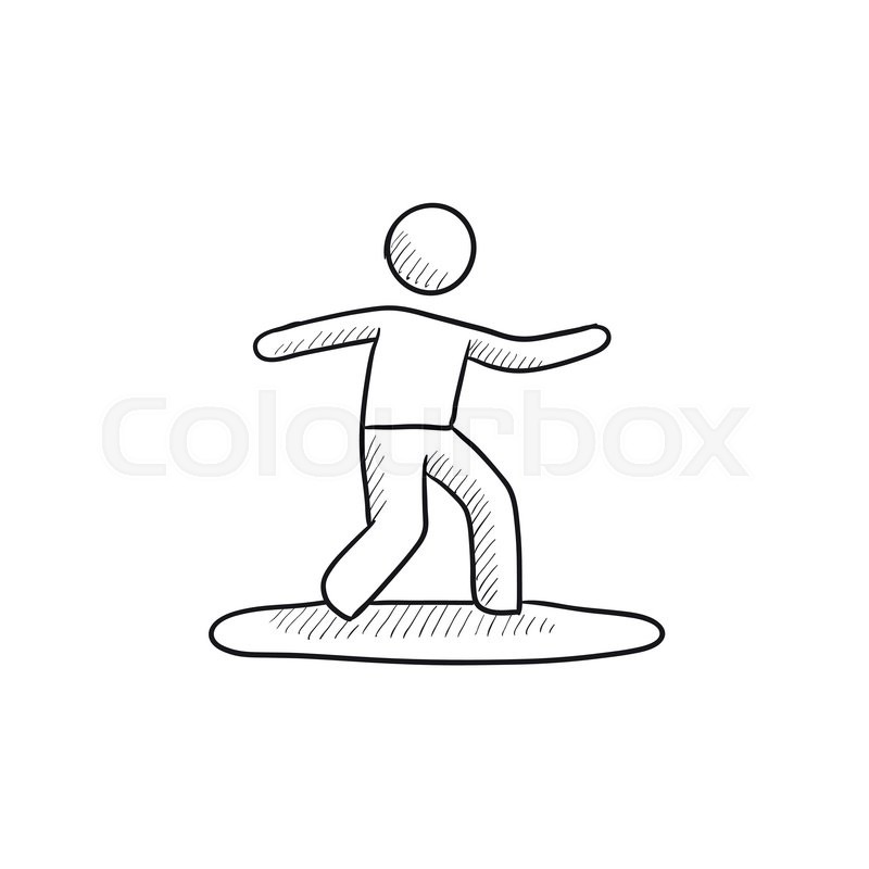 male surfer riding on surfboard vector sketch icon isolated on