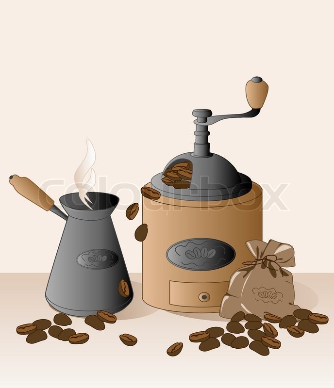 Coffee Grinder Cezve Beans And Bag Vector Coffee Grinder Cezve Beans And Bag Vector