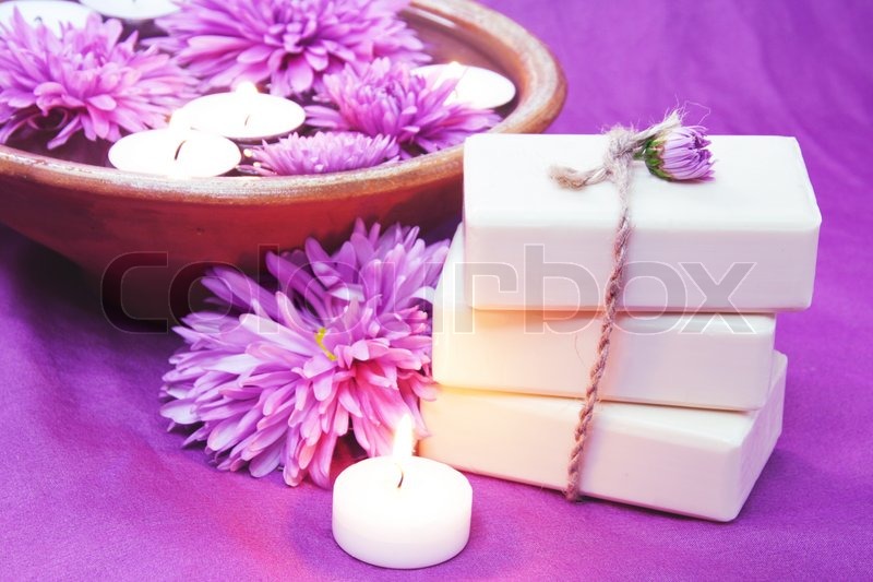 9 spa cloud Candles, Photo Herbal Bowl, Soap, Aroma  Stock