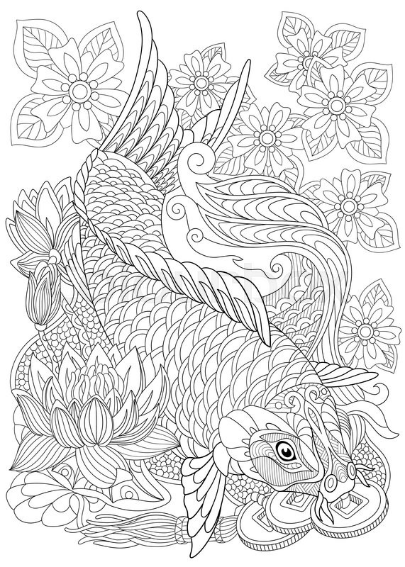 Zentangle stylized cartoon koi carp, isolated on white background. Hand drawn sketch for adult 