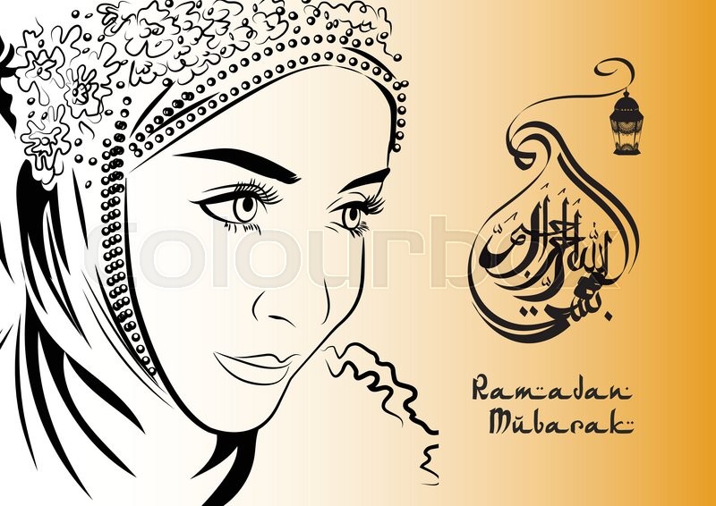 Muslim female in hijab hand drawing style. Ramadan Mubarak 