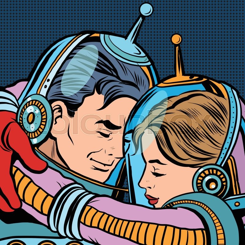 retro love couple astronauts man woman pop art vector science