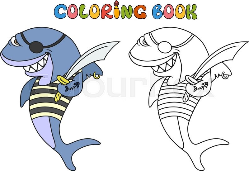 Cartoon Pirate Shark Coloring Book Vector Illustration Of Cute Animal Doodle
