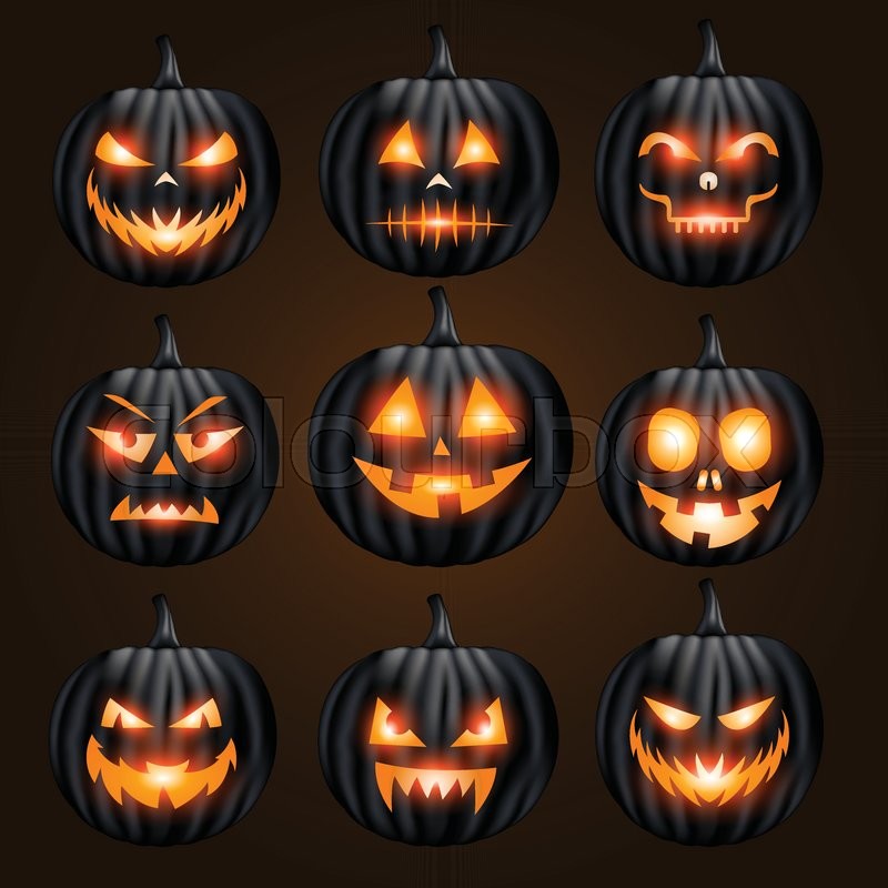 Jack O Lantern Pumpkin Faces Glowing On Black Background Stock Vector Colourbox