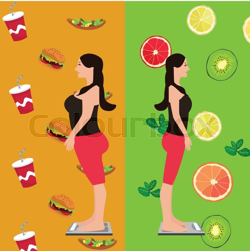Changing Diets Girl before and after diet change food ... | Stock vector | Colourbox