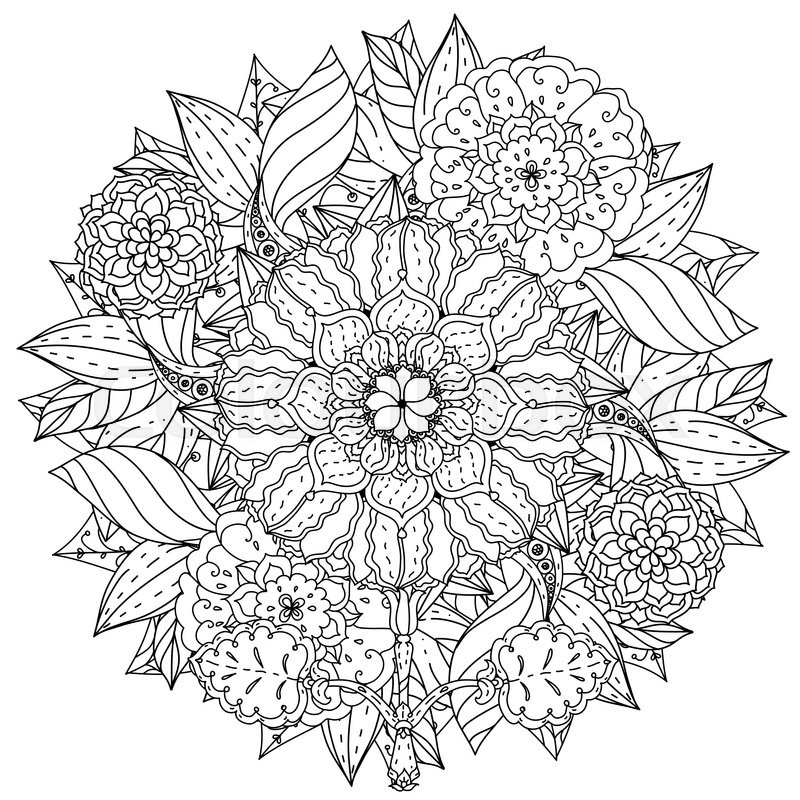 Contoured mandala shape flowers for adult coloring book in zen art therapy style for anti stress 