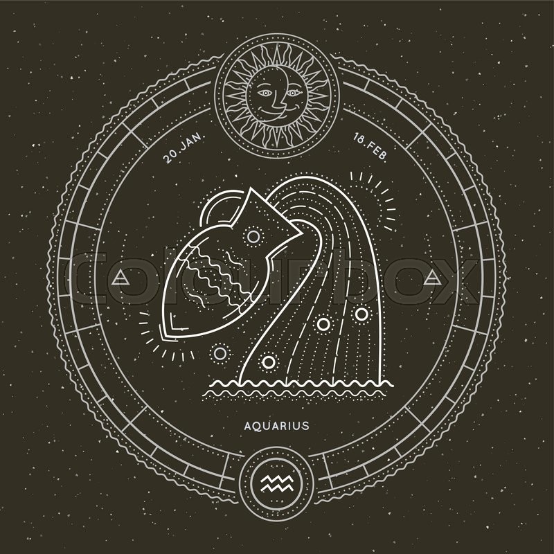 vintage thin line aquarius zodiac sign label retro vector