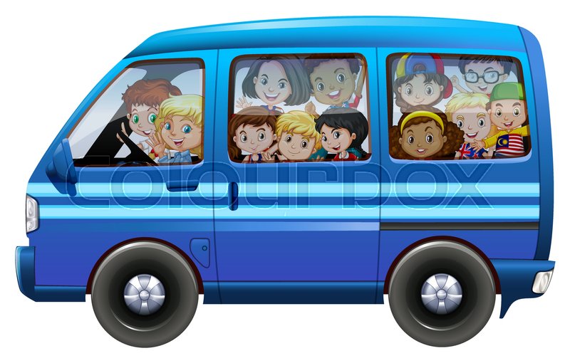 Blue van full of children illustration Stock vector Colourbox
