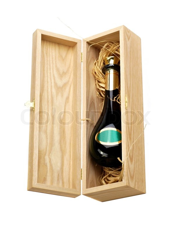 open wooden box with bottle of wine isolated on white stock photo
