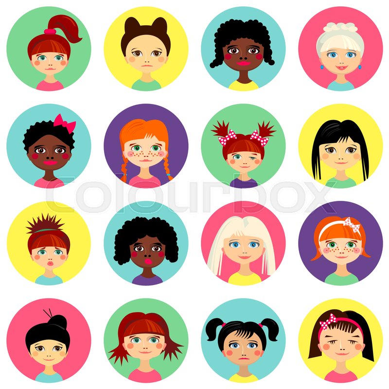 multinational female face avatar profile heads with multi colored