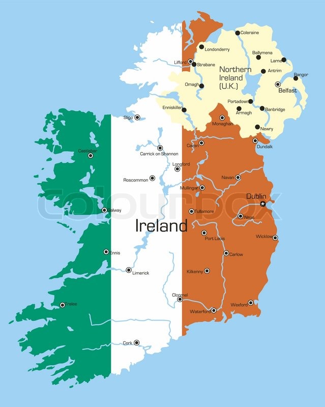 Abstract vector color map of Ireland country coloured by national flag