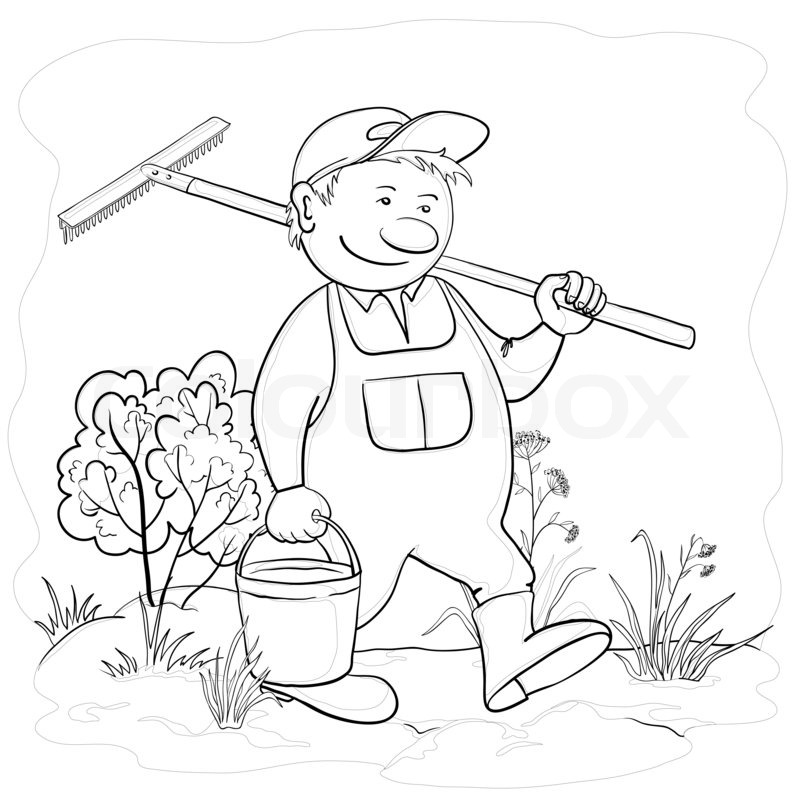Man gardener with a bucket and a rake work in a garden, contours