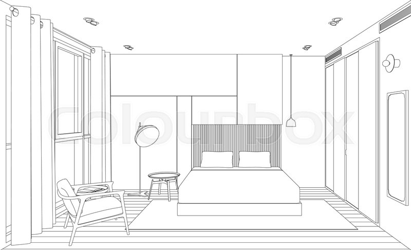 Line Sketch Of The Interior Bedroom Stock Vector