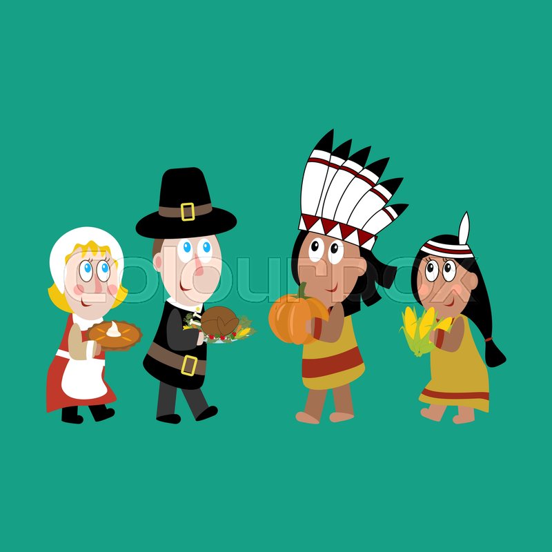 Pilgrims and indians illustration on ... | Stock vector | Colourbox