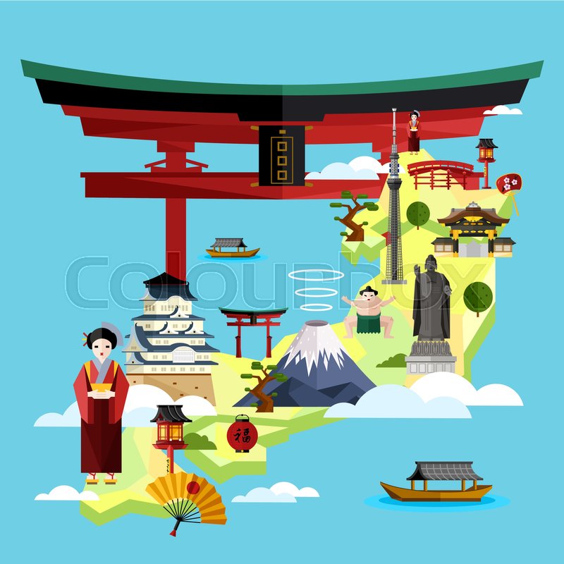 japan famous landmarks and travel map with asian girl in traditional dress on blue background vector illustration time to travel concept