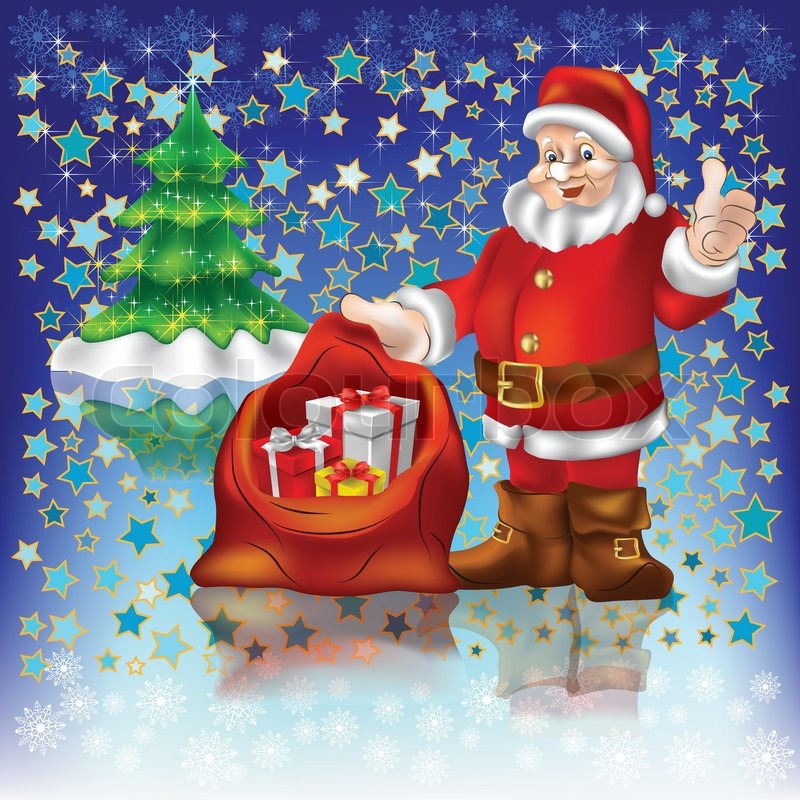 Santa Claus With Christmas Gifts On A Blue Stars Background