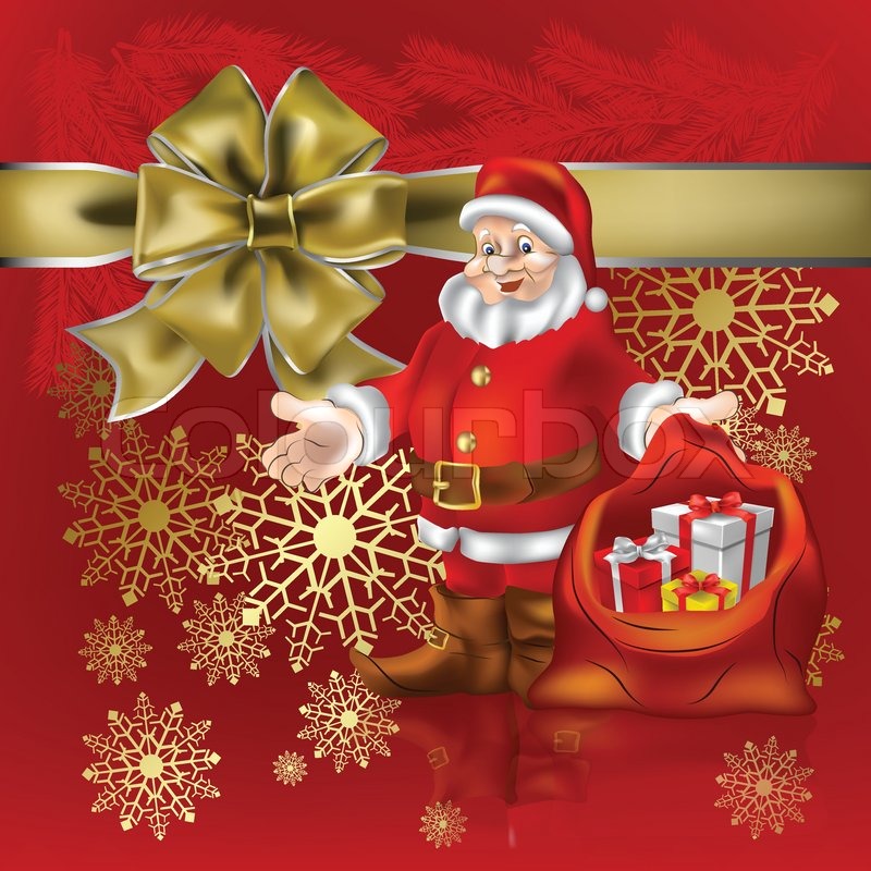 Santa Claus With Christmas Gifts On Red Background