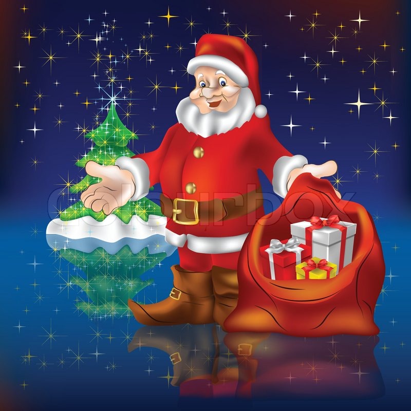 santa claus with gifts and christmas tree stock vector santa claus with gifts and christmas tree stock vector