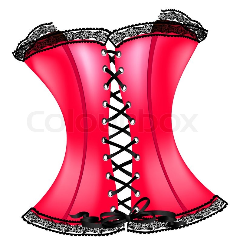 On a white background is a big red corset decorated with black lace