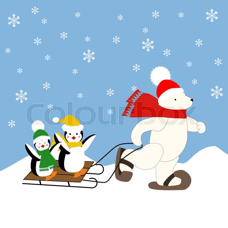 Polar bear and penguins on the sleigh Stock vector Colourbox