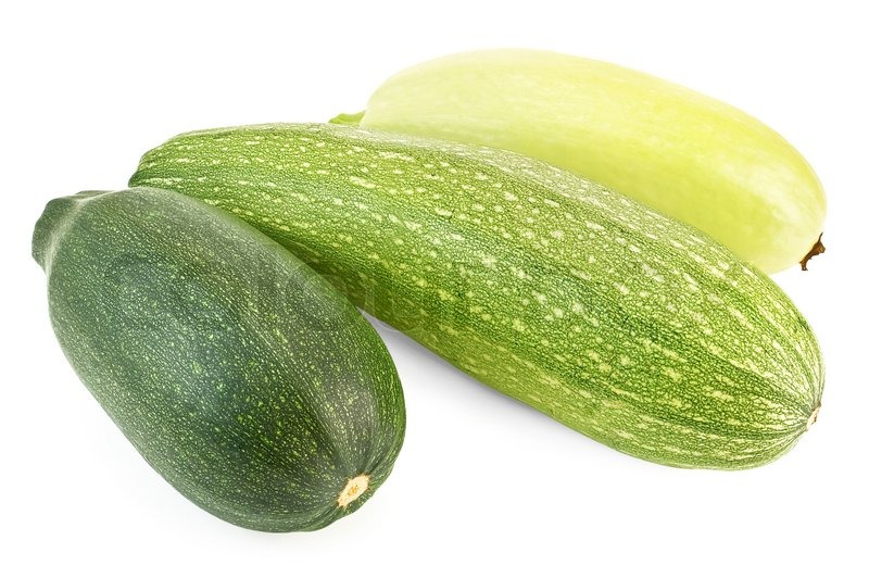 Two green zucchini varieties and one yellow isolated on a white ...
