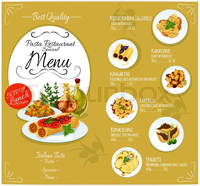 pasta menu card template for italian cuisine restaurant vector