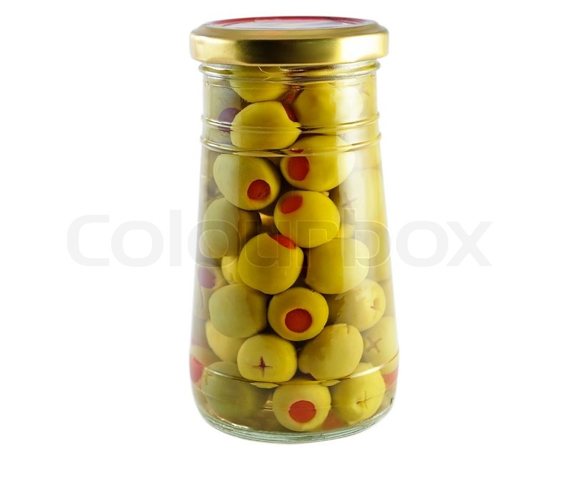 A jar of green olives on white Stock image Colourbox