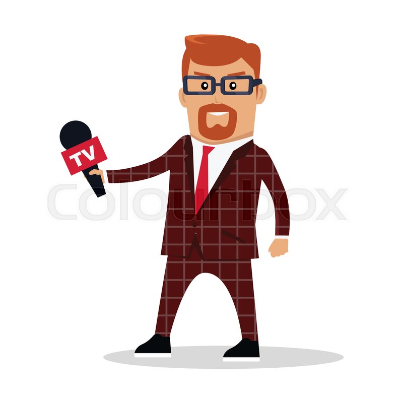 TV Journalist Reporter Illustration Live Broadcast Breaking News Concept Man In Brown Checkered Suite With Microphone Isolated On White Background TV Journalist Reporter Illustration Live Broadcast Breaking News Concept Man In Brown Checkered Suite With Microphone Isolated On White Background