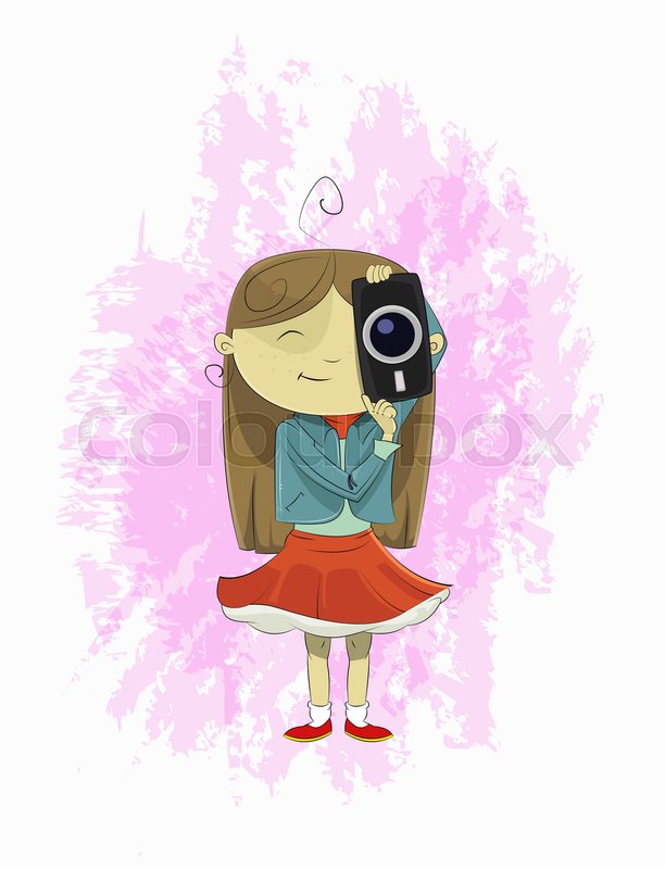 Cute cartoon girl holding camera. Girl Stock vector Colourbox