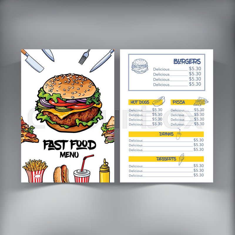 sketch style hand drawn fast food cafe or restaurant menu template