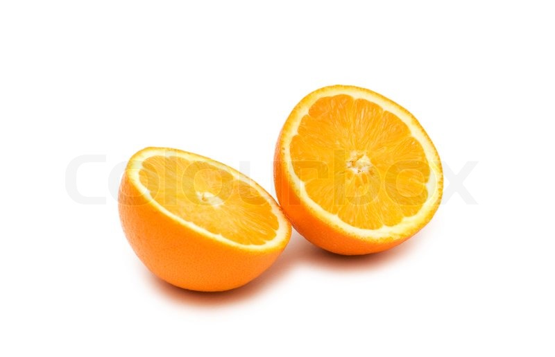 Two half-cut oranges isolated on white   Stock image 
