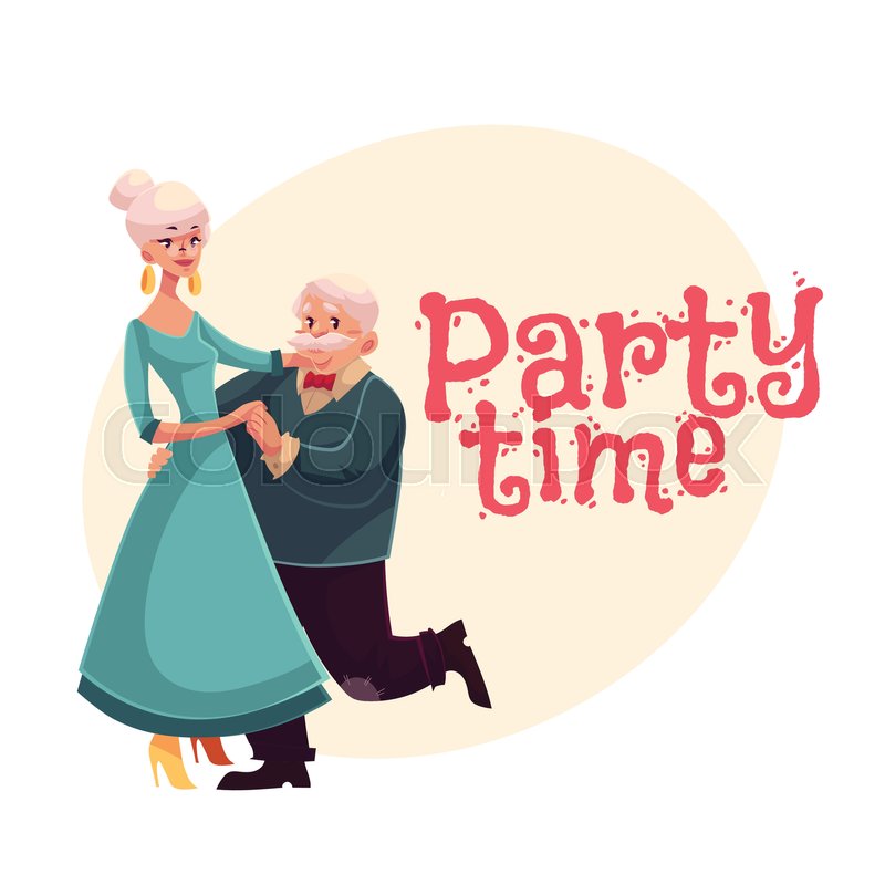 old senior man and woman dancing cartoon style invitation banner