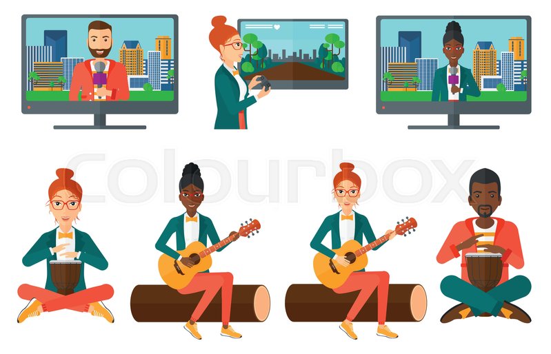 TV Set With Reporter Talking Into Microphone On City Background Presenting The News Transmission A Of Vector Flat Design TV Set With Reporter Talking Into Microphone On City Background Presenting The News Transmission A Of Vector Flat Design
