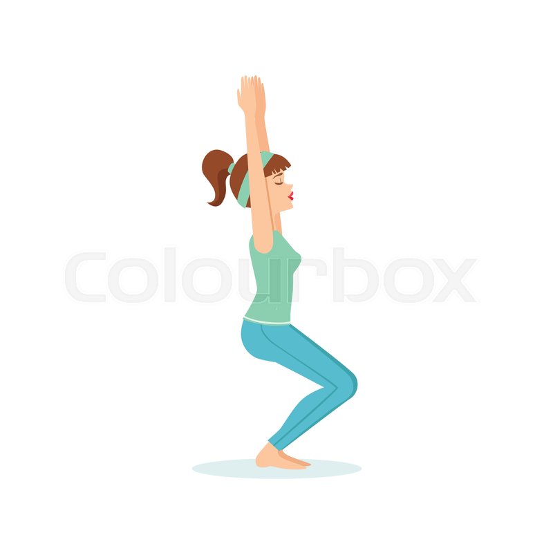 Chair Utkatasana Yoga Pose Demonstrated By The Girl Cartoon Yogi With Ponytail In Blue Sportive Clothing Vector Illustration Part Of Collection Chair Utkatasana Yoga Pose Demonstrated By The Girl Cartoon Yogi With Ponytail In Blue Sportive Clothing Vector Illustration Part Of Collection