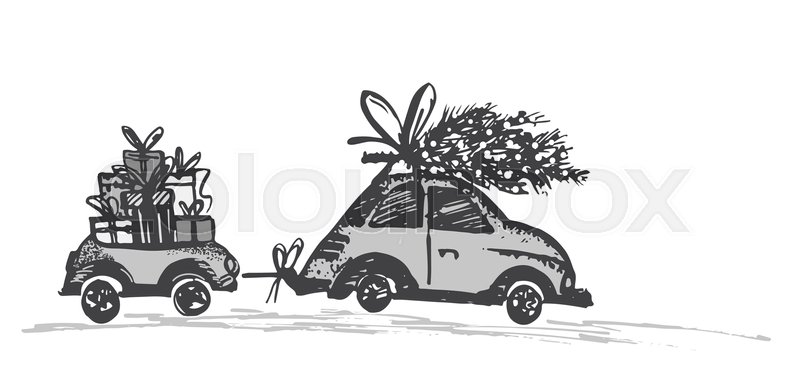 greeting card with christmas tree on car roof and car trailer with xmas gifts black gray silhouette on white background draw by hand sketch - Black Christmas Trailer greeting card with christmas tree on car roof and car trailer with xmas gifts black gray silhouette on white background draw by hand sketch - Black Christmas Trailer