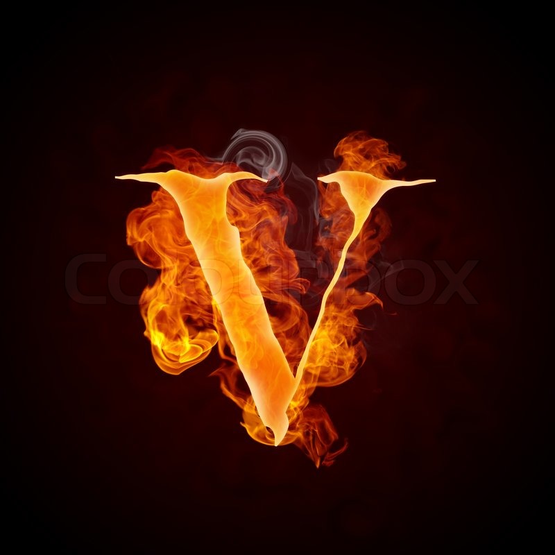 Fire Letters V Isolated On Black Stock Image Colourbox