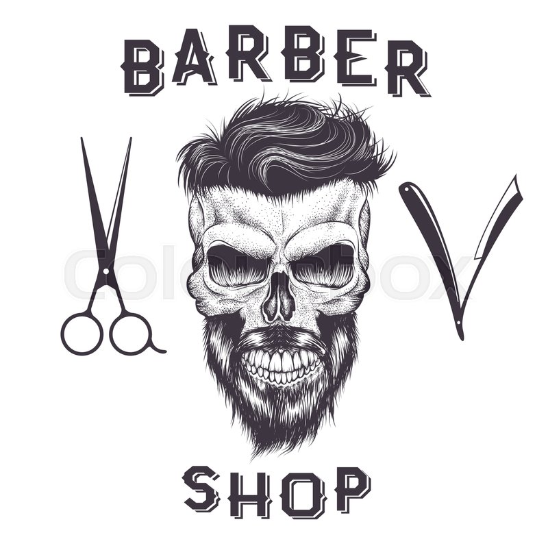 Skull of human with hairstyle and beard.Barber shop.Vector 
