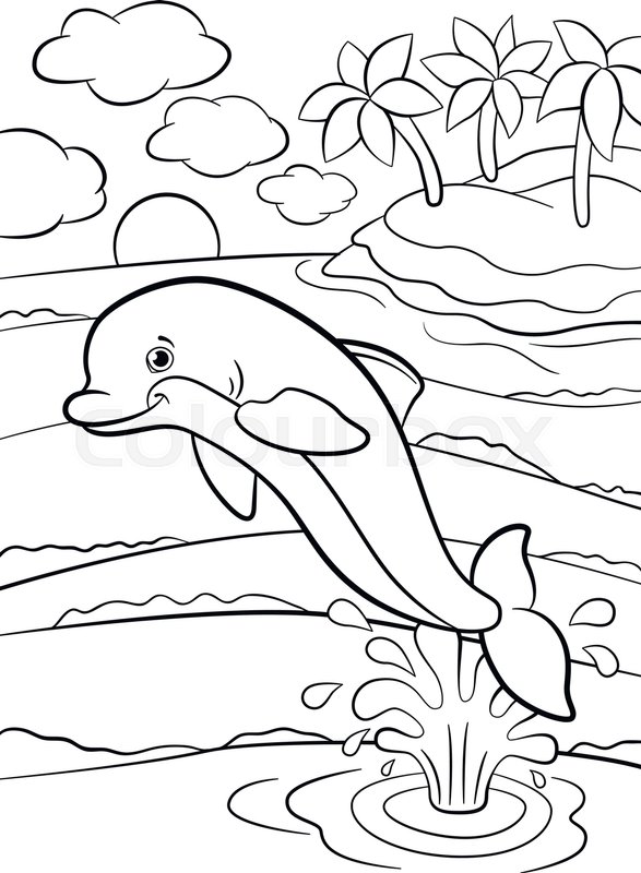 coloring pages marine wild animals little cute dolphin jumps from