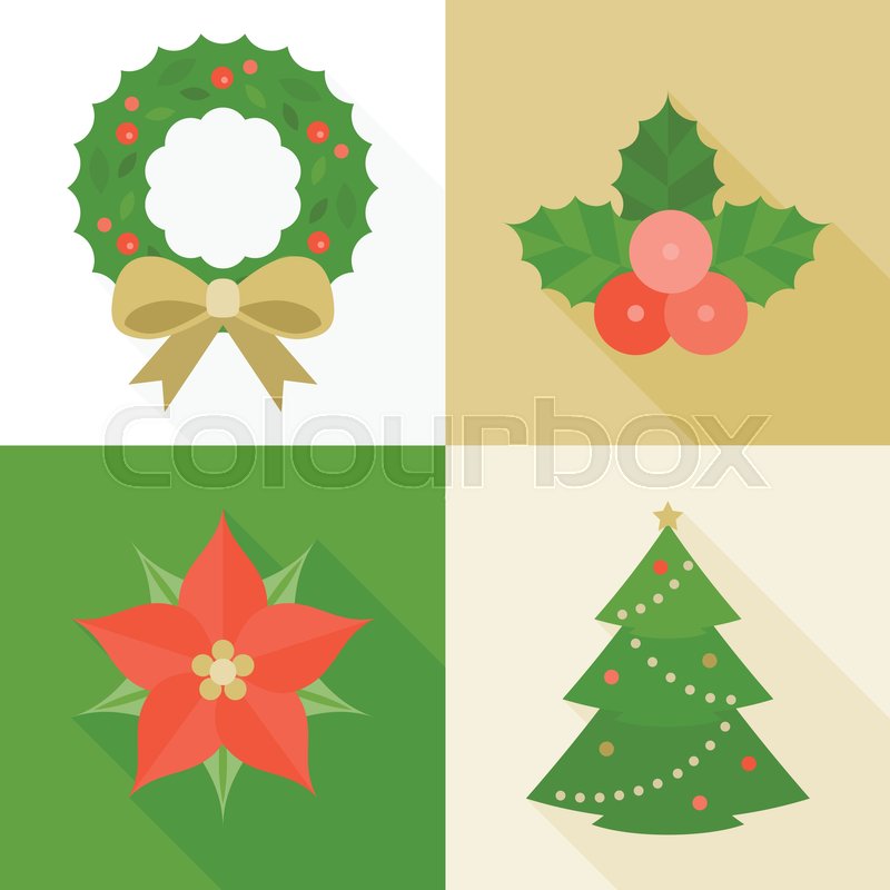 christmas ornament flat design with long shadow pine tree wreath mistletoe christmas flower vector - Mistletoe Christmas Decoration christmas ornament flat design with long shadow pine tree wreath mistletoe christmas flower vector - Mistletoe Christmas Decoration