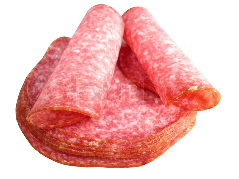 Scheiben Salami auf dem weißen Stock Bild Colourbox