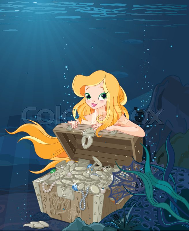 Cute Mermaid over a treasure chest | Stock vector | Colourbox