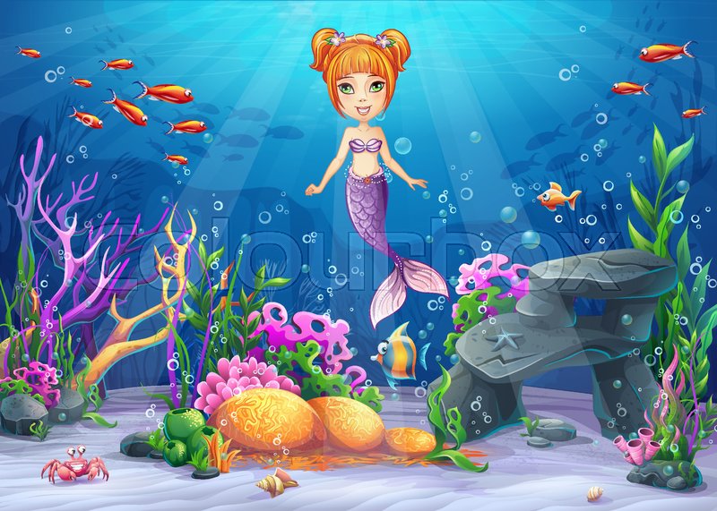 vector cartoon illustration underwater world with funny character