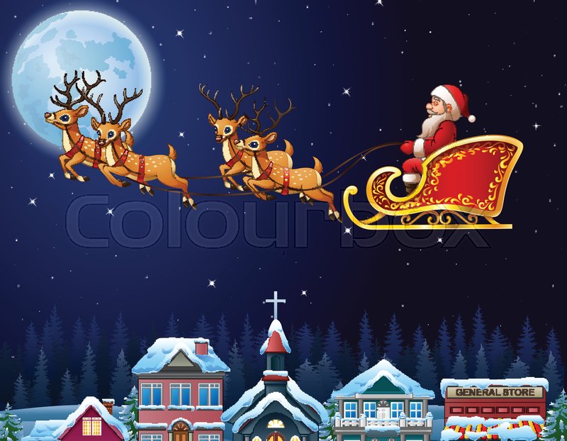 illutration of santa claus riding his reindeer sleigh flying over