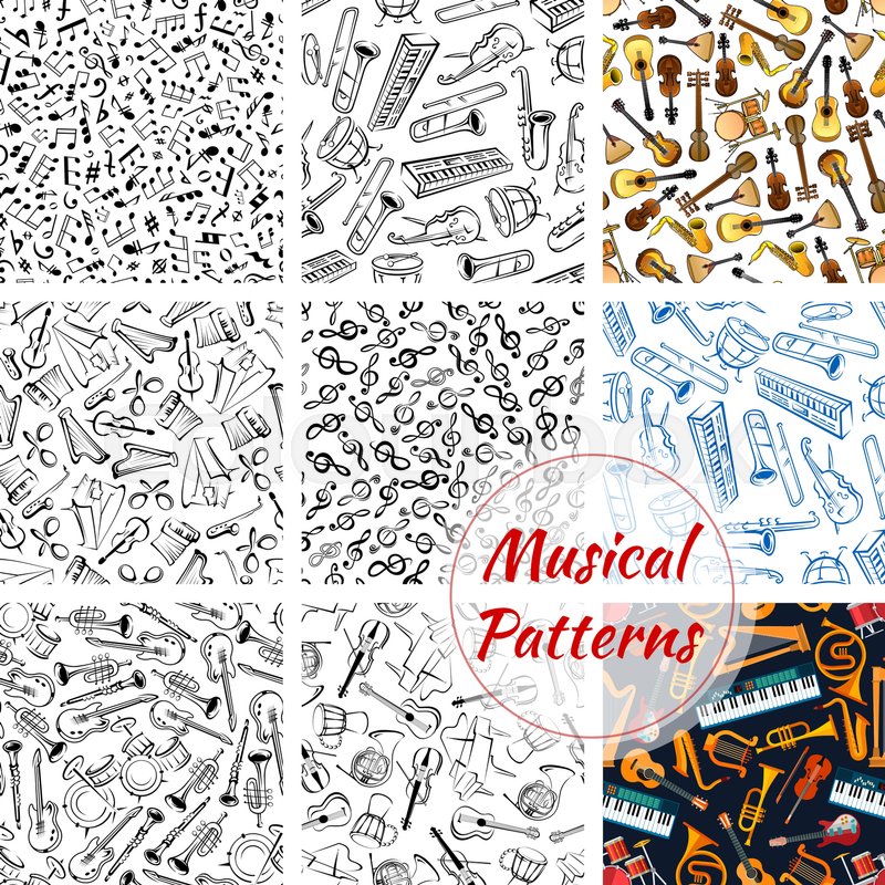 musical instruments seamless patterns stock vector colourbox