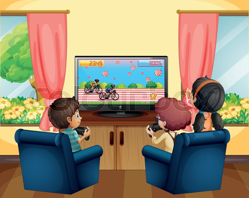 Kids playing racing game on TV Stock vector Colourbox