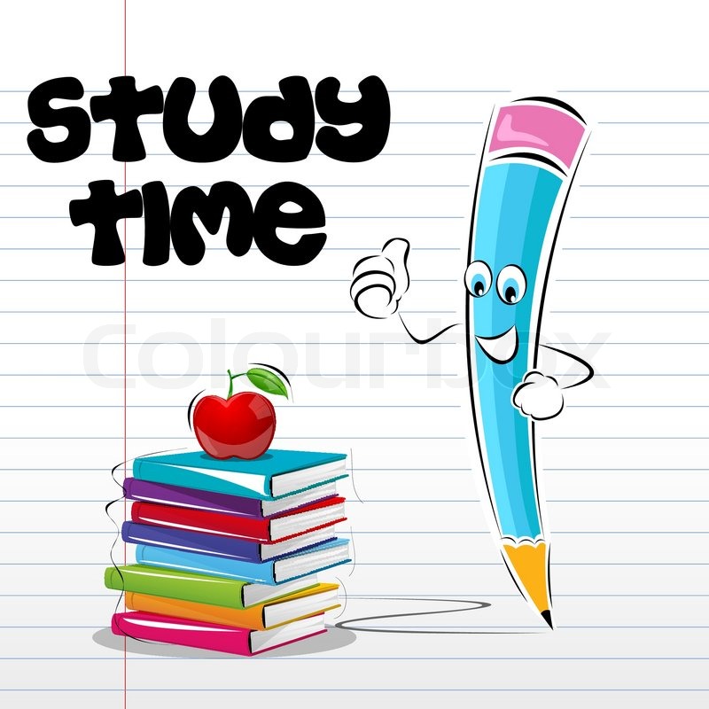 Illustration of study time card with apple book and pencil 