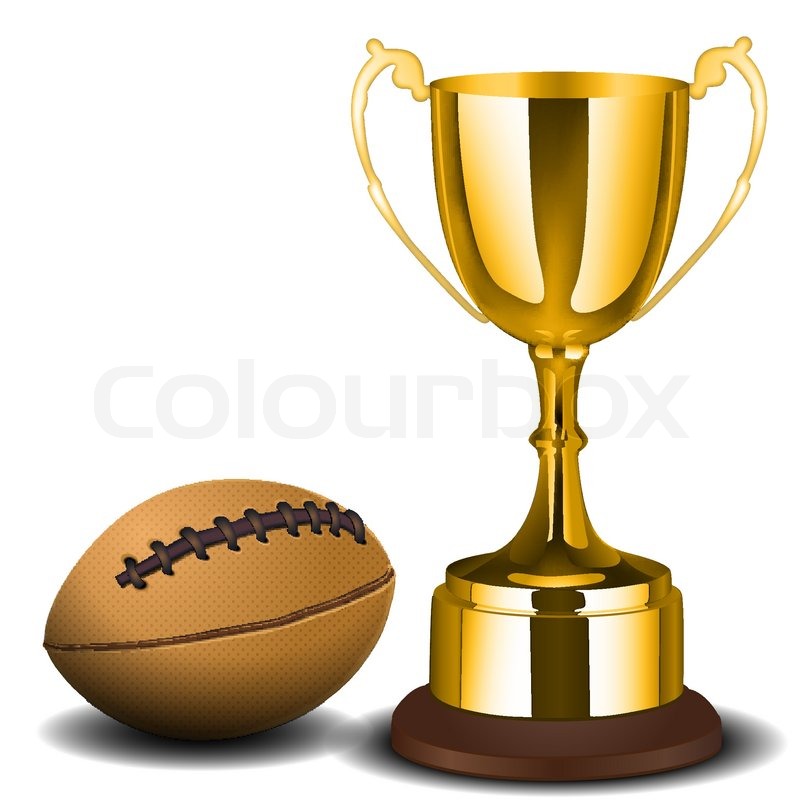 Illustration of trophy with rugby ball on white background Stock
