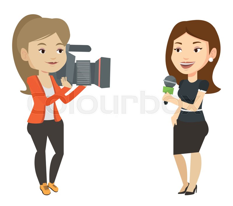 Caucasian Female Reporter With Microphone Presenting The News Young Operator Filming And Recording Caucasian Female Reporter With Microphone Presenting The News Young Operator Filming And Recording